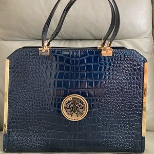 Dasein Croco Embossed Faux Leather Satchel- Navy.